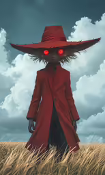 a creepy, evil character with red eyes is wearing a hat