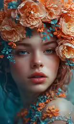a woman wearing a wreath of flowers over her head