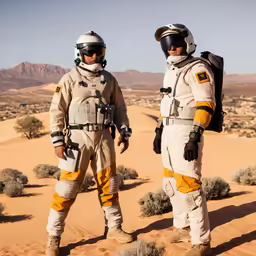 two men standing on top of a desert field