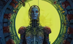 a humanoid character is wearing armor and red eyes