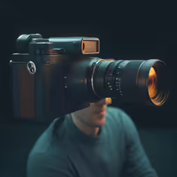 a man with a camera with a wide lens