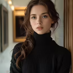 a woman in a black turtle neck sweater posing for the camera