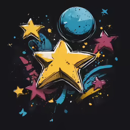 an artistic painting with colorful stars and a blue planet