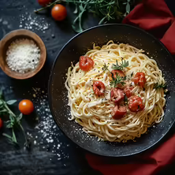 a black plate topped with spaghetti and tomatoes