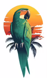 a parrot perched on a palm tree at sunset