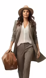 a woman wearing grey pants and brown hat is holding a brown purse
