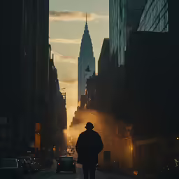 a person walks down the street in front of tall buildings