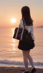 a woman standing on the beach with a purse