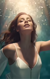 a woman standing in the water looking into the air