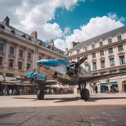 an airplane parked in a square surrounded by buildings