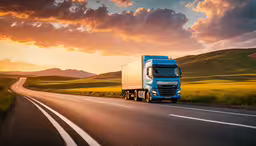 the truck is going down the road in the countryside,a truck is on the road with a sunset in the background