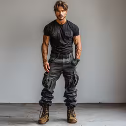 a male in a black t shirt is standing on a white floor,a man with dark hair wearing black clothes
