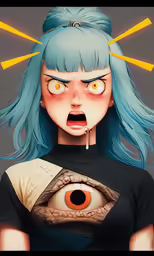 a girl with blue hair and orange eyes