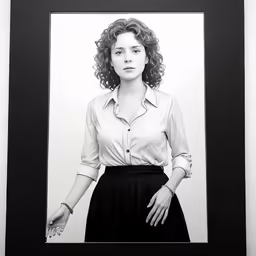 a black and white photo of a woman with red hair