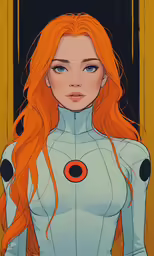 an anime girl with long orange hair and a gray suit