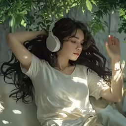a young woman sitting under a tree listening to music