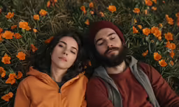 a man and woman laying on the ground in the middle of a field of flowers
