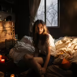a young lady sitting on a bed surrounded by candles
