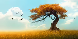 a tree surrounded by birds flying through the sky