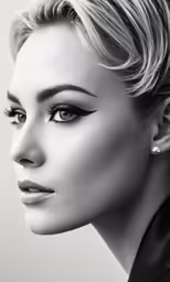 the face of a woman with blonde hair and black eyeliner