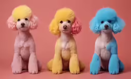 three poodles sitting next to each other on pink