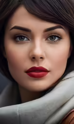 a woman with dark hair wearing a grey coat