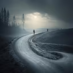 people are biking in the road on a misty day