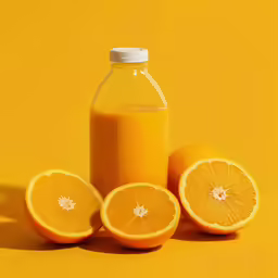 an orange and a jug of orange juice on a yellow surface