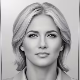 a woman with blonde hair in front of a black and white photo