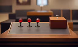 three wine glasses are sitting on a table in front of a display box