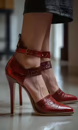 a woman is wearing red shoes on their feet