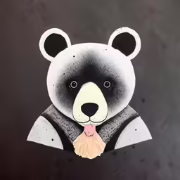 the hand drawn illustration of a black and white panda with its tongue hanging out