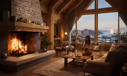 the woman is sitting in a chair by the fireplace