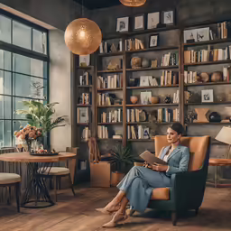 a woman in a chair reads a book