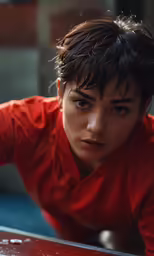 a boy is leaning against a red table