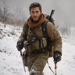 a man wearing cold weather gear walks through the snow