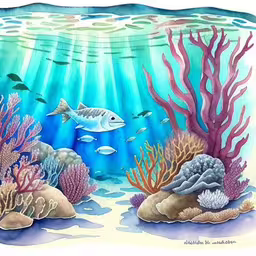 a painting of a blue coral reef with a fish,underwater scene with fish and coral reef,watercolor drawing of ocean with colorful corals and fishes,an underwater scene with corals, fish, and rocks,some fish are swimming in the water near some plants