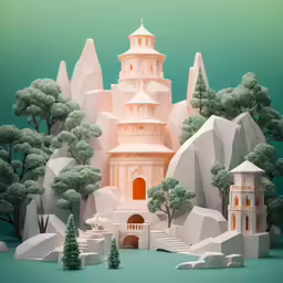 an art piece featuring trees and white architecture