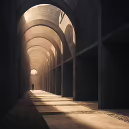 an empty tunnel leading to another room with people