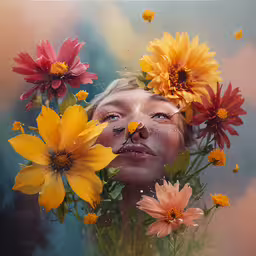 woman with yellow and red flowers in her hair,a portrait of a child with flower in her hair