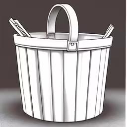 a drawing of a bucket with pens and paper