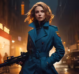 a woman in blue coat and gun standing on the street,a woman is holding a gun and standing outside