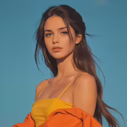 a beautiful woman wearing an orange and yellow bikini