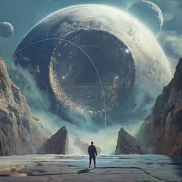 a man is looking at a star in the sky,a man is standing with an object that looks like planets in the sky