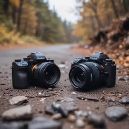 two camera are sitting side by side on the street
