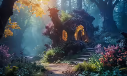 an animation scene shows a forest - like house with yellow windows