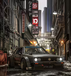 a car parked on a city street at night,a street with cars parked and stores lit up