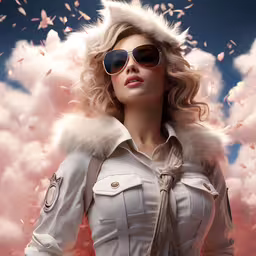 the beautiful woman wearing a military coat and sunglasses,a woman in aviator gear poses for a photo
