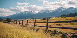 the mountains are behind a fence line in a meadow