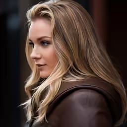 a woman with blond hair and a brown leather jacket on